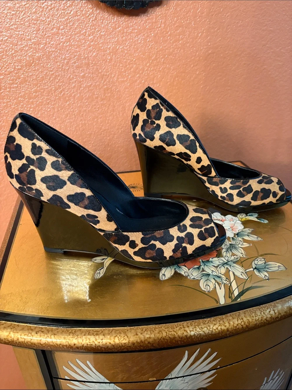 BCBG Leopard Print Peep-Toe Wedges with Black Trim